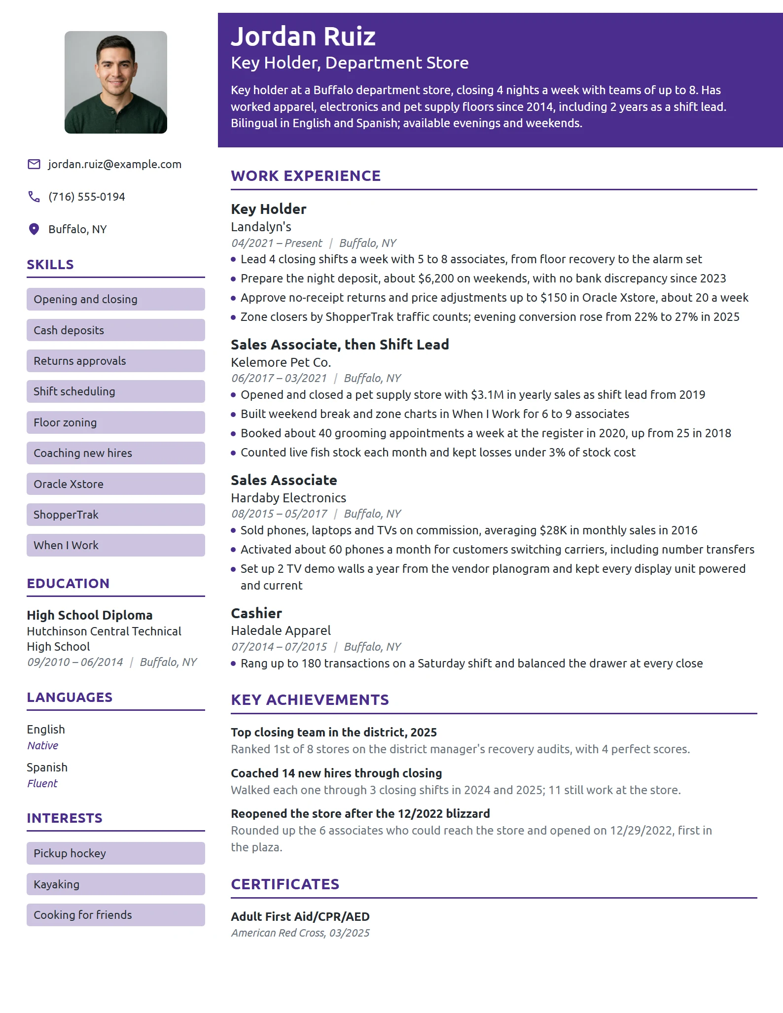 Retail Key Holder resume example