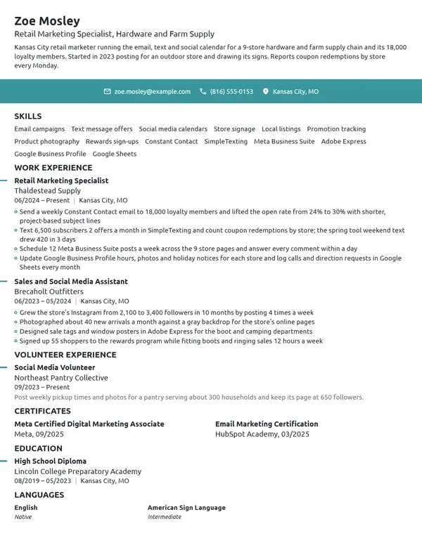Retail Marketing Specialist resume example