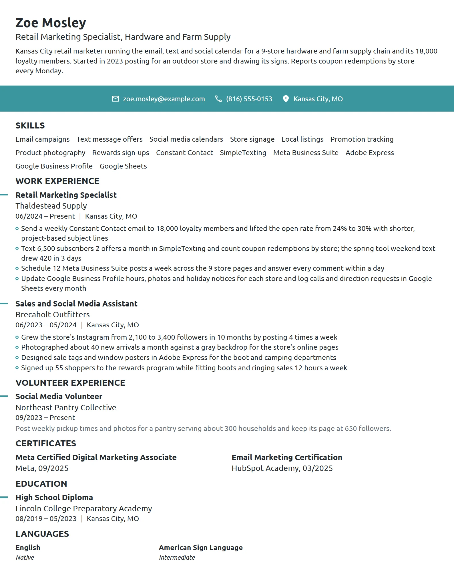 Retail Marketing Specialist resume example