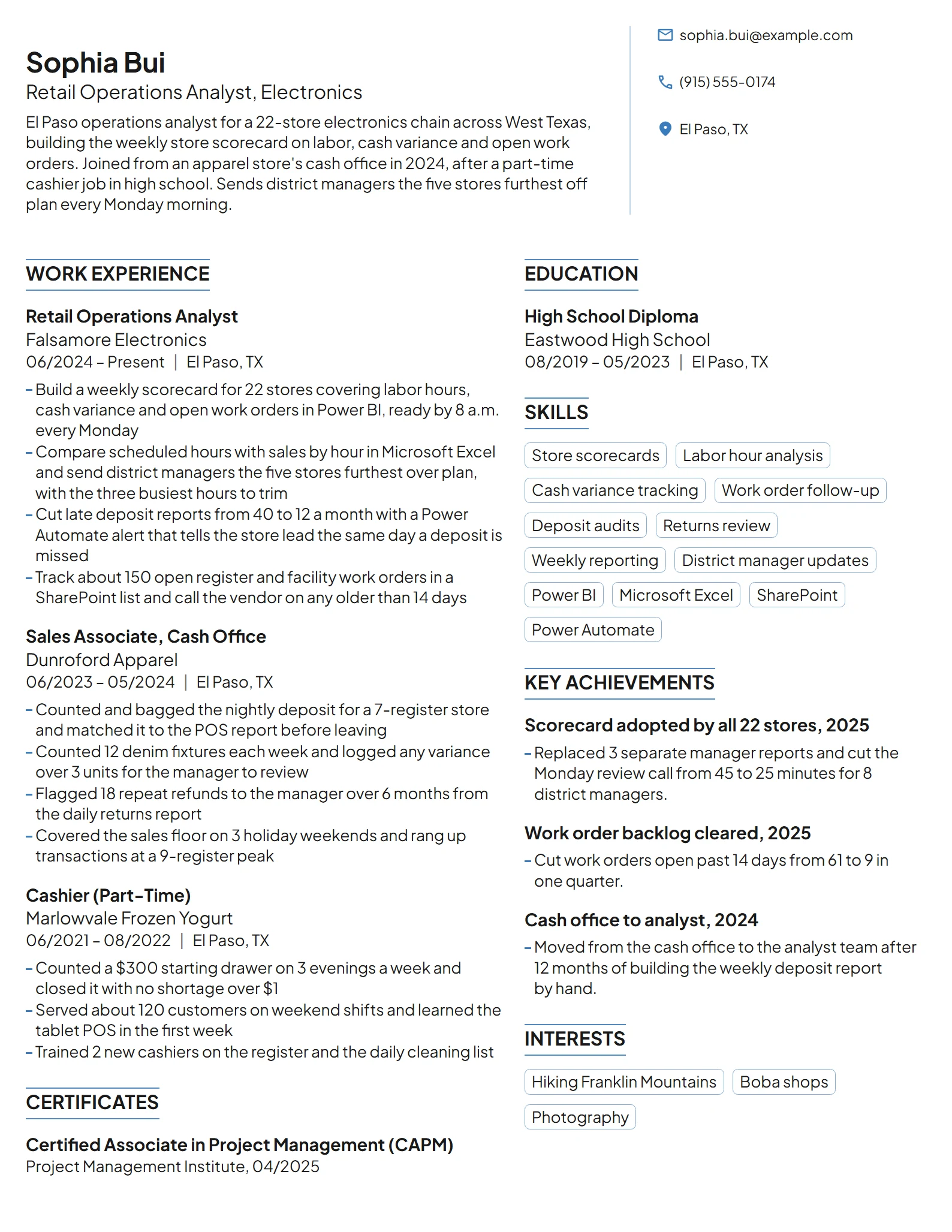 Retail Operations Analyst resume example