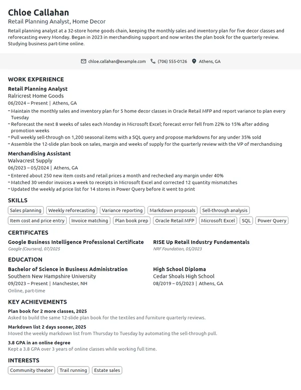 Retail Planning Analyst resume example