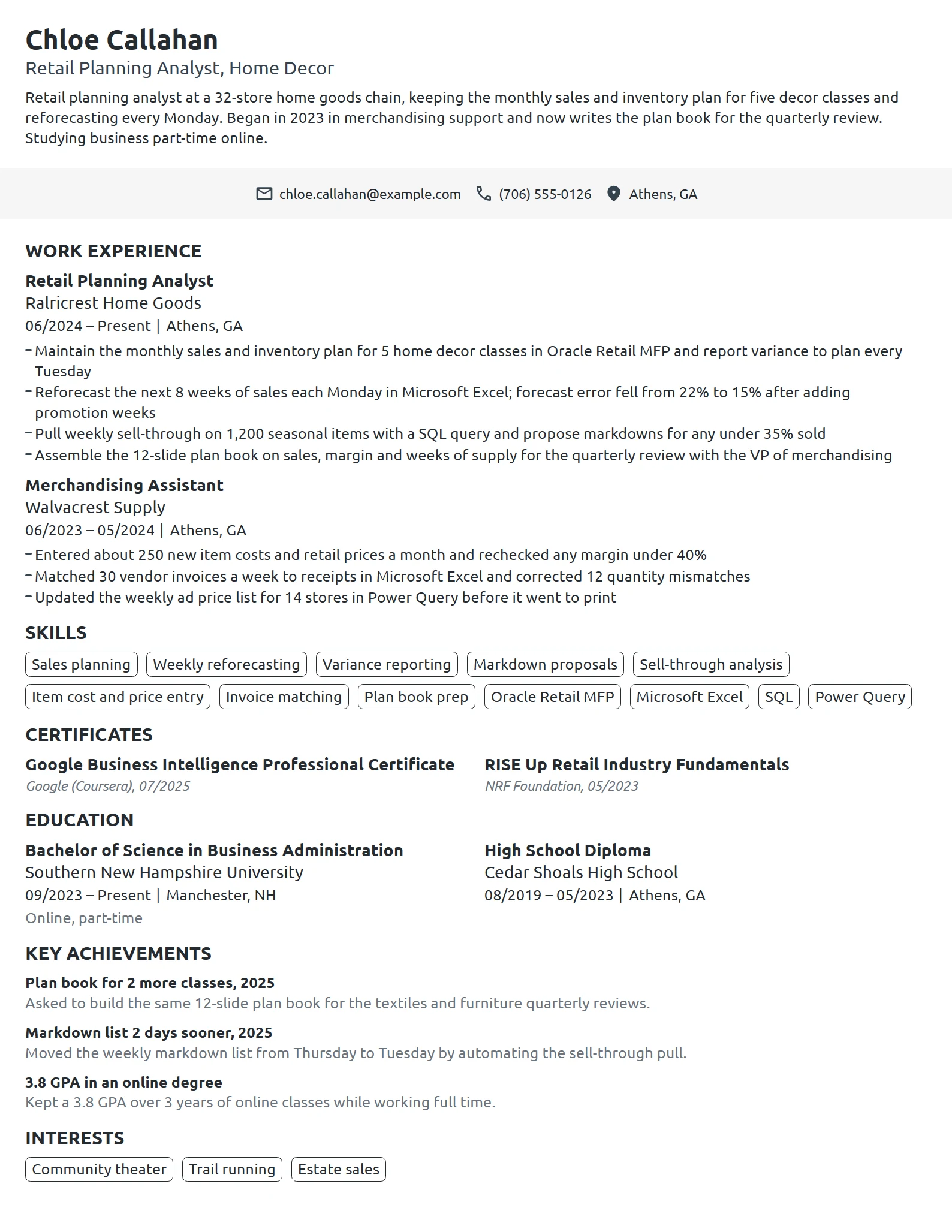 Retail Planning Analyst resume example