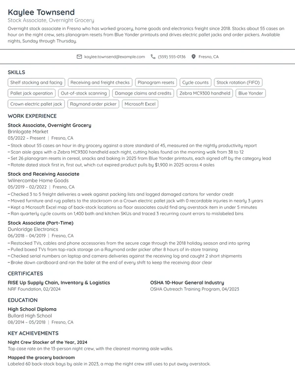 Retail Stock Associate resume example