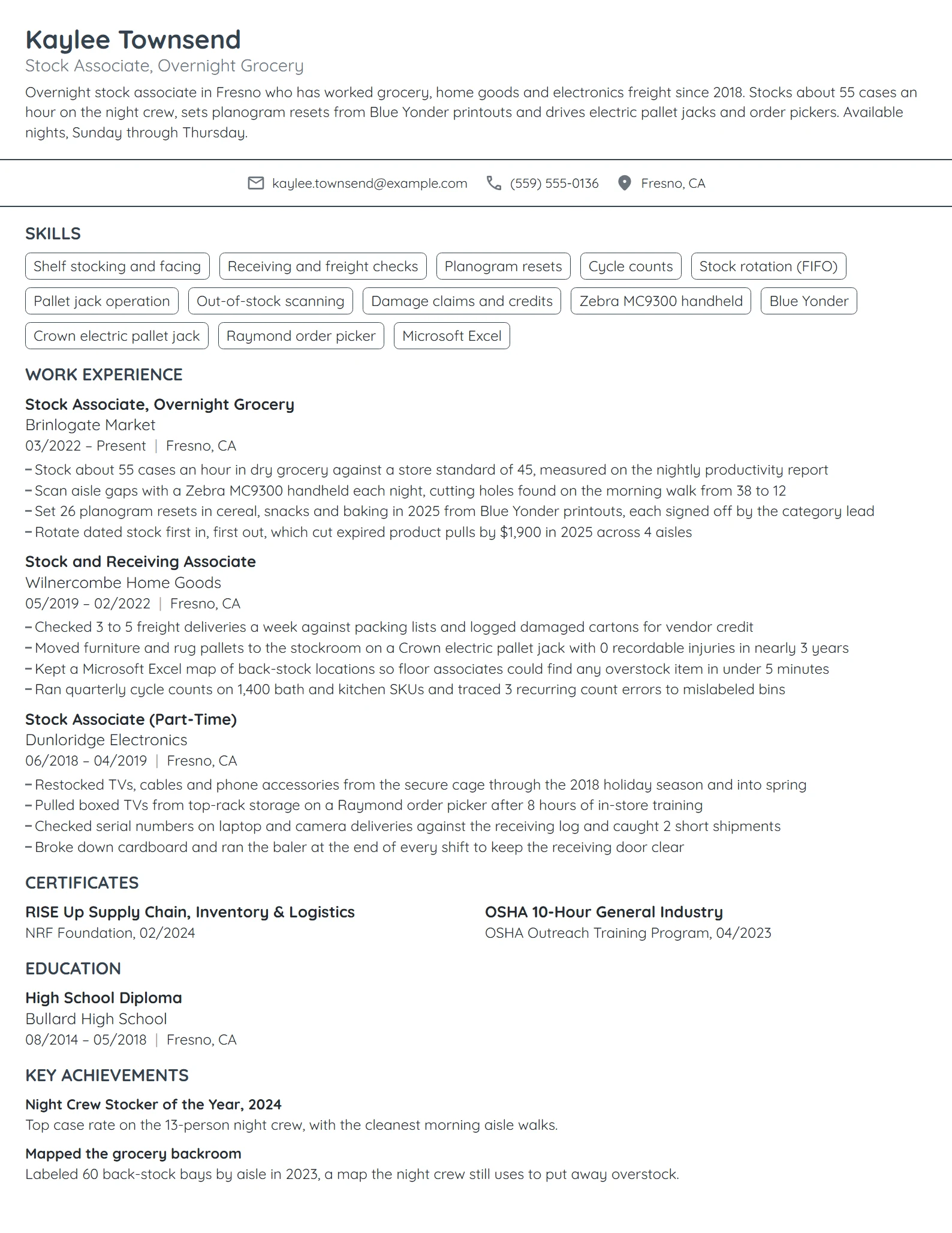 Retail Stock Associate resume example
