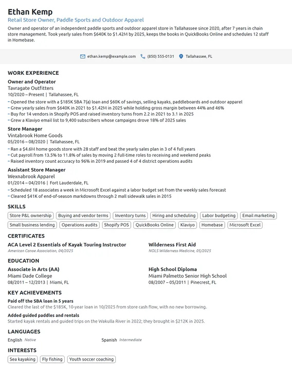 Retail Store Owner resume example