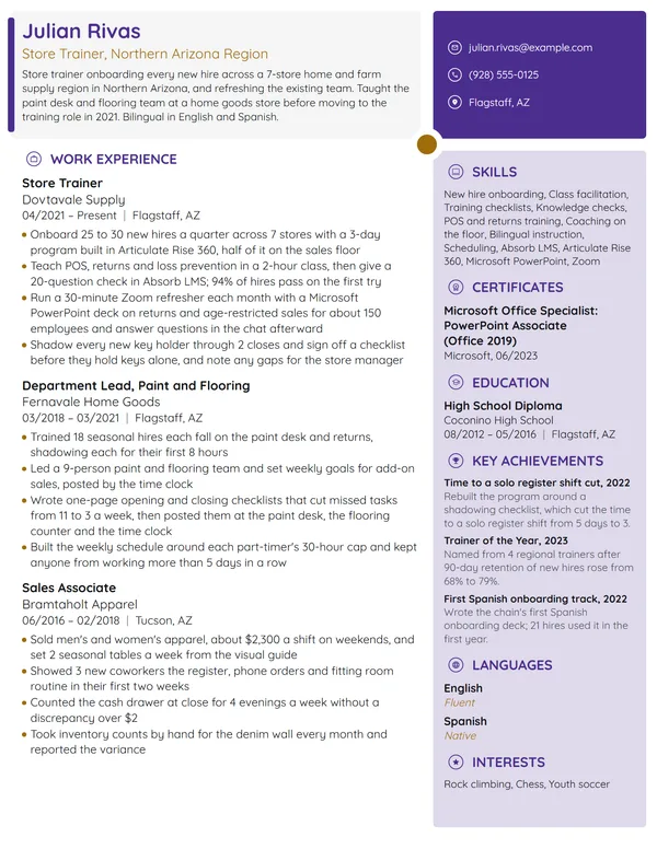 Store Trainer resume example