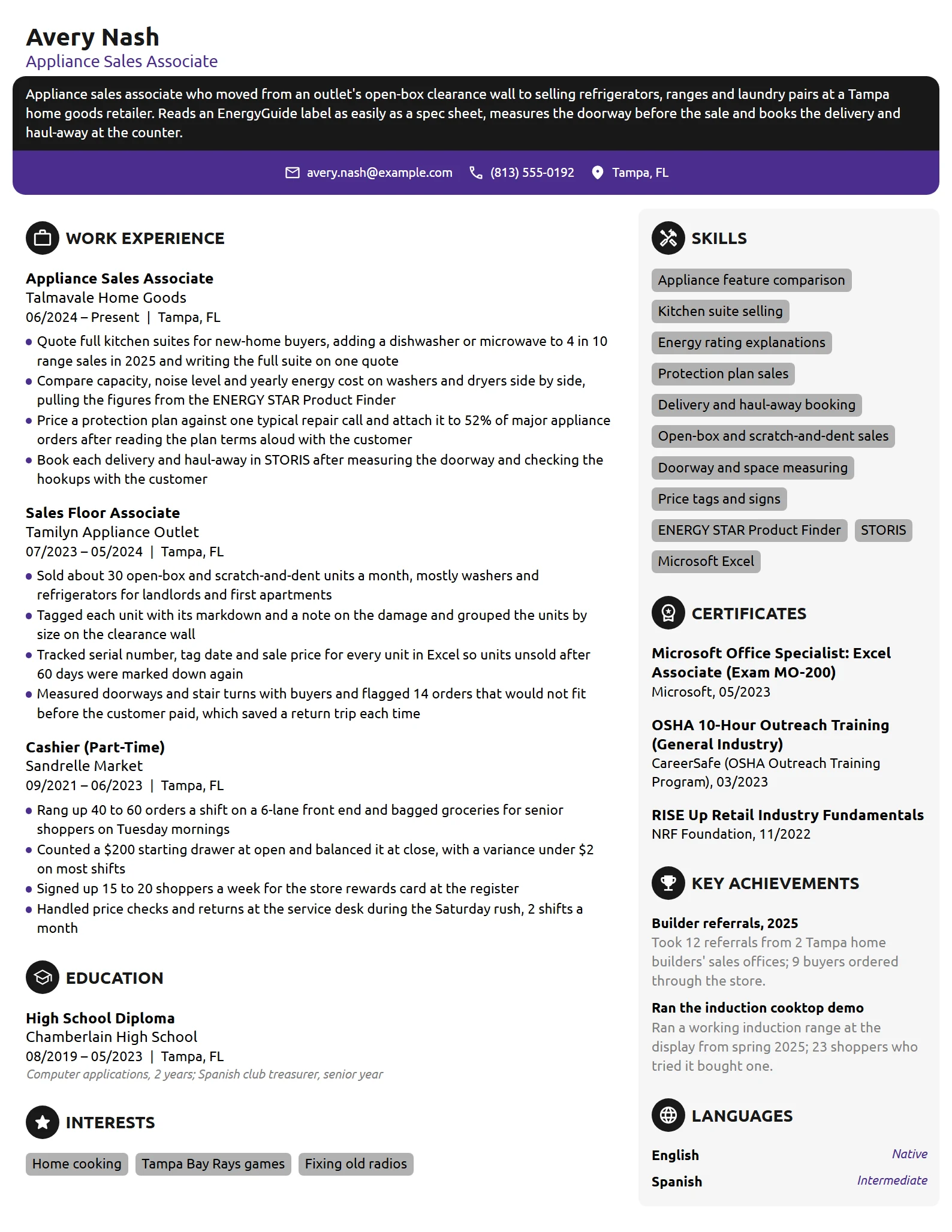 Appliance Sales Associate resume example