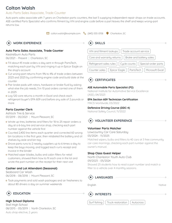 Auto Parts Sales Associate resume example
