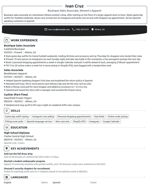 Boutique Sales Associate resume example