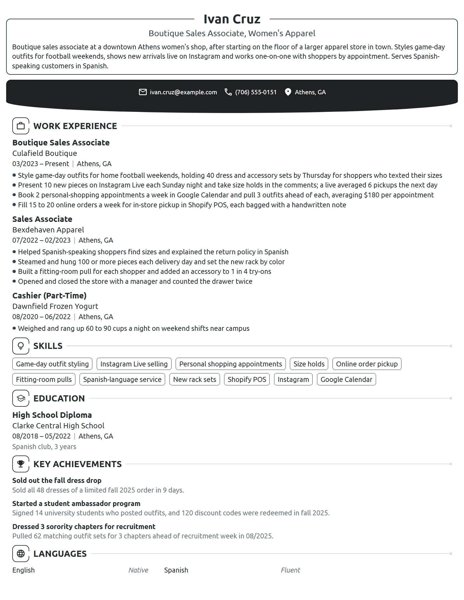 Boutique Sales Associate resume example