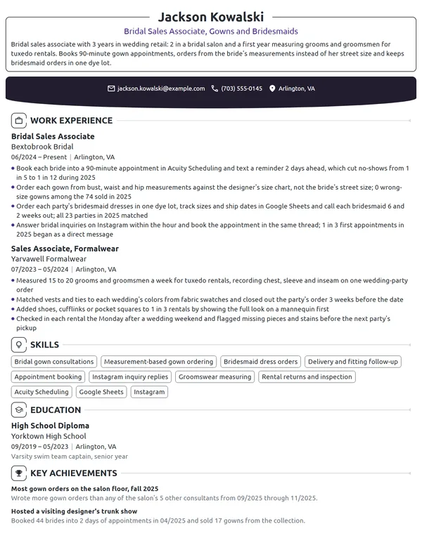 Bridal Sales Associate resume example