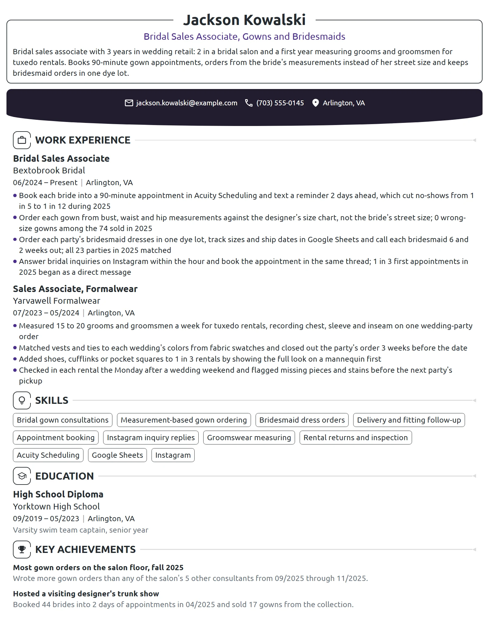 Bridal Sales Associate resume example