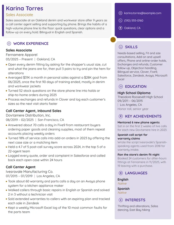 Career Change Sales Associate resume example