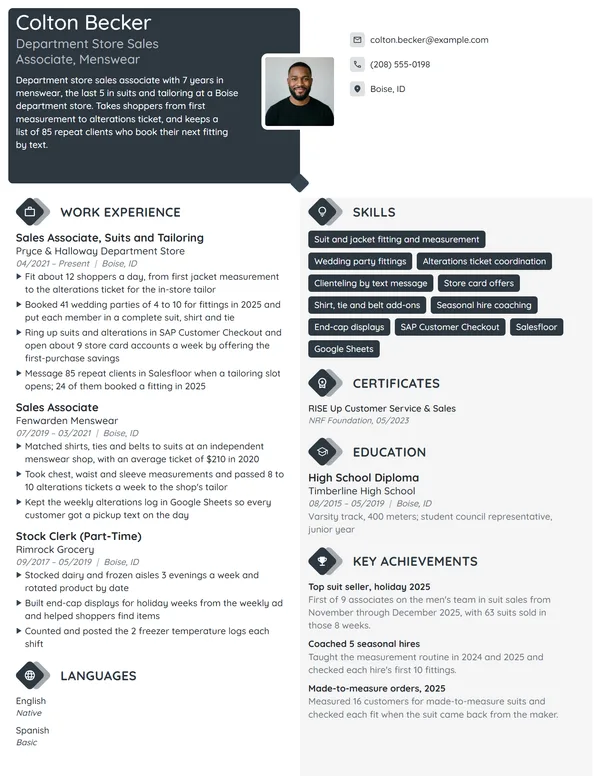Department Store Sales Associate resume example