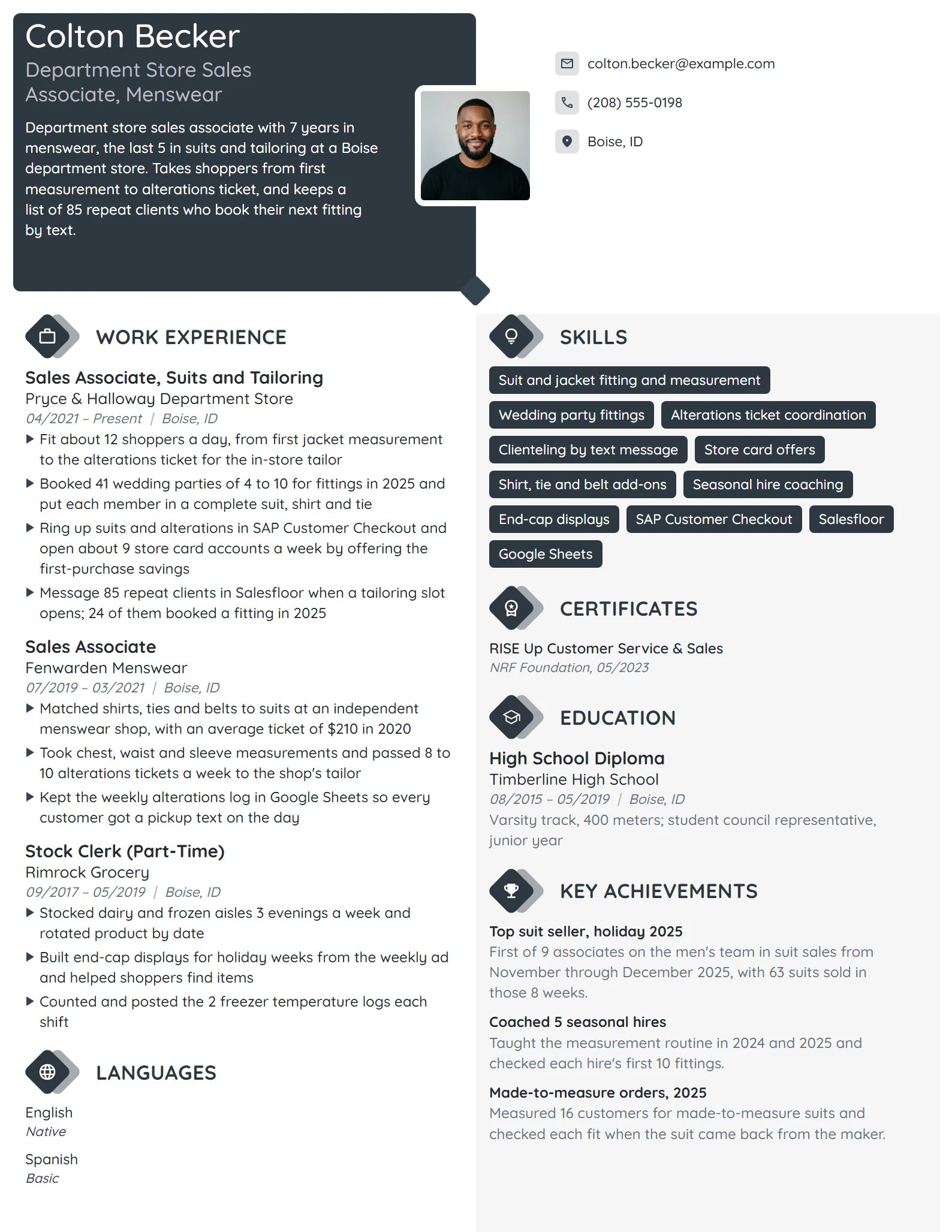 Department Store Sales Associate resume example