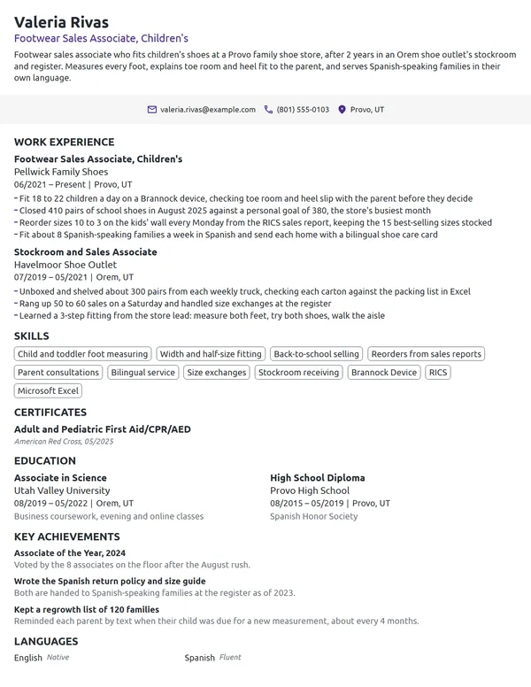 Footwear Sales Associate resume example