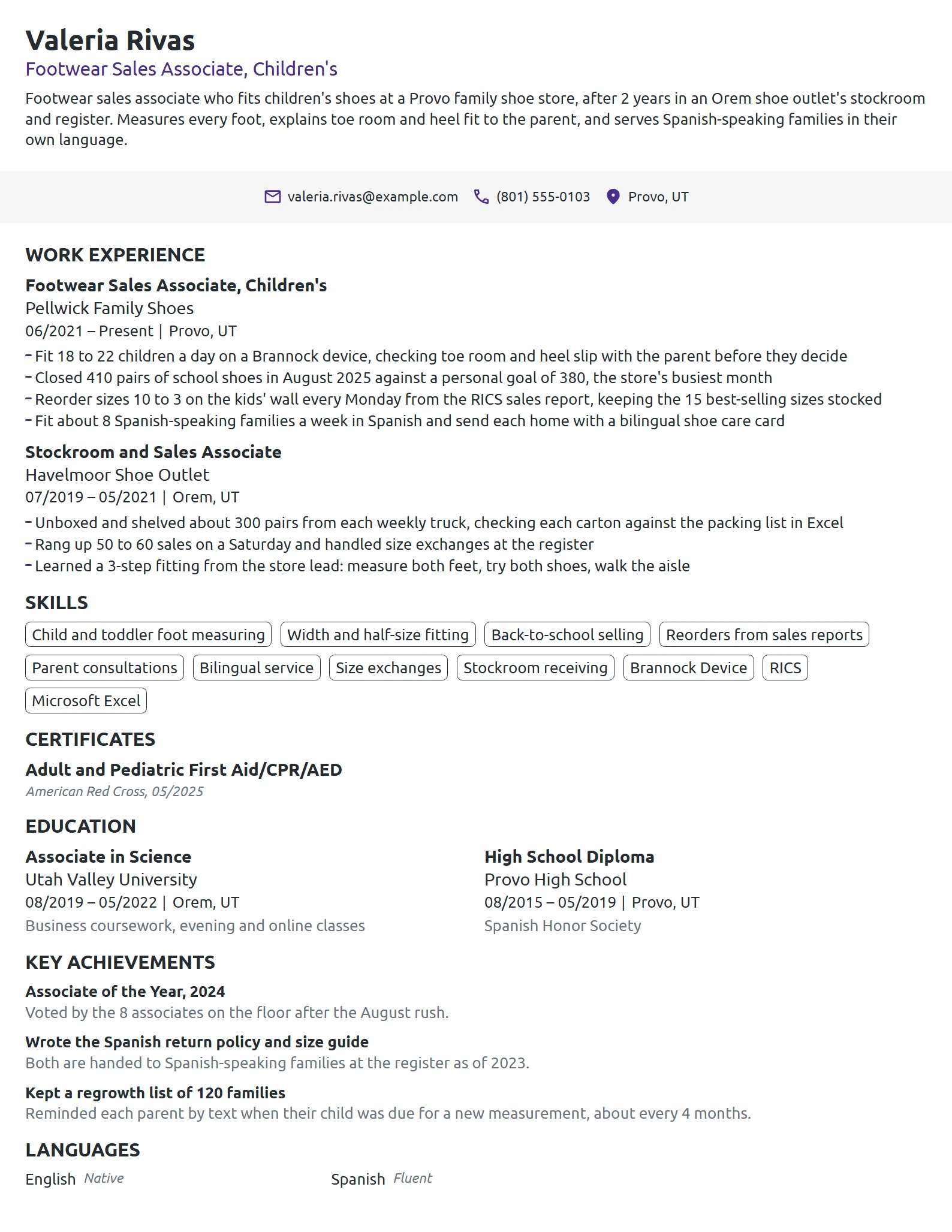 Footwear Sales Associate resume example