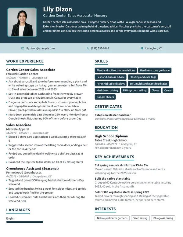 Garden Center Sales Associate resume example