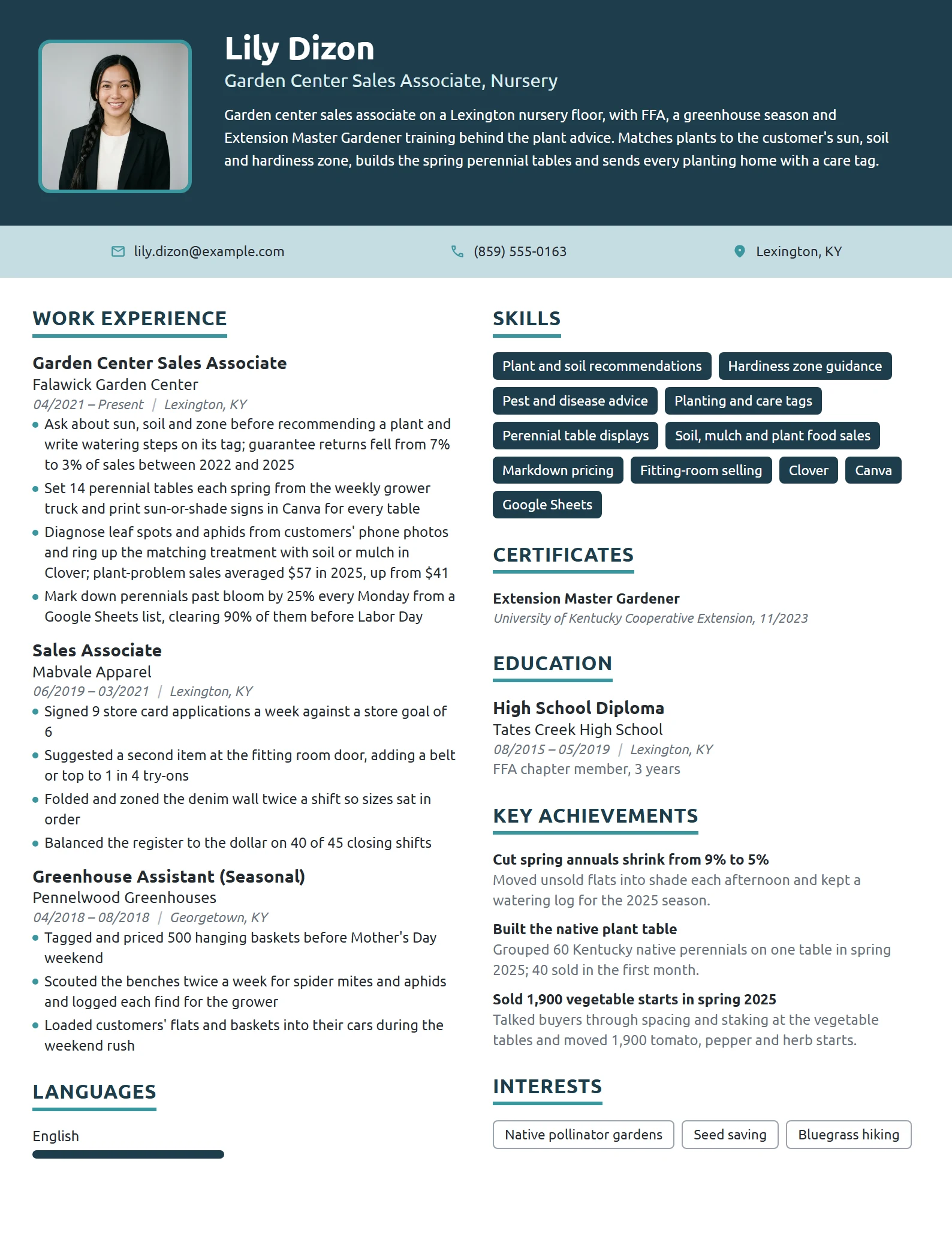 Garden Center Sales Associate resume example