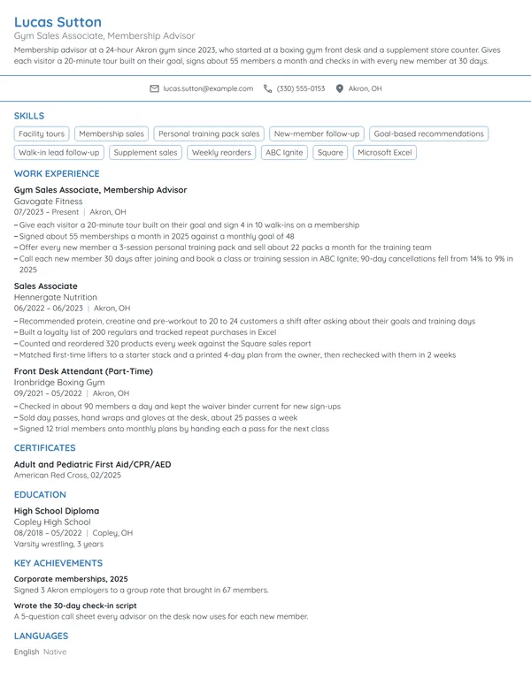 Gym Sales Associate resume example