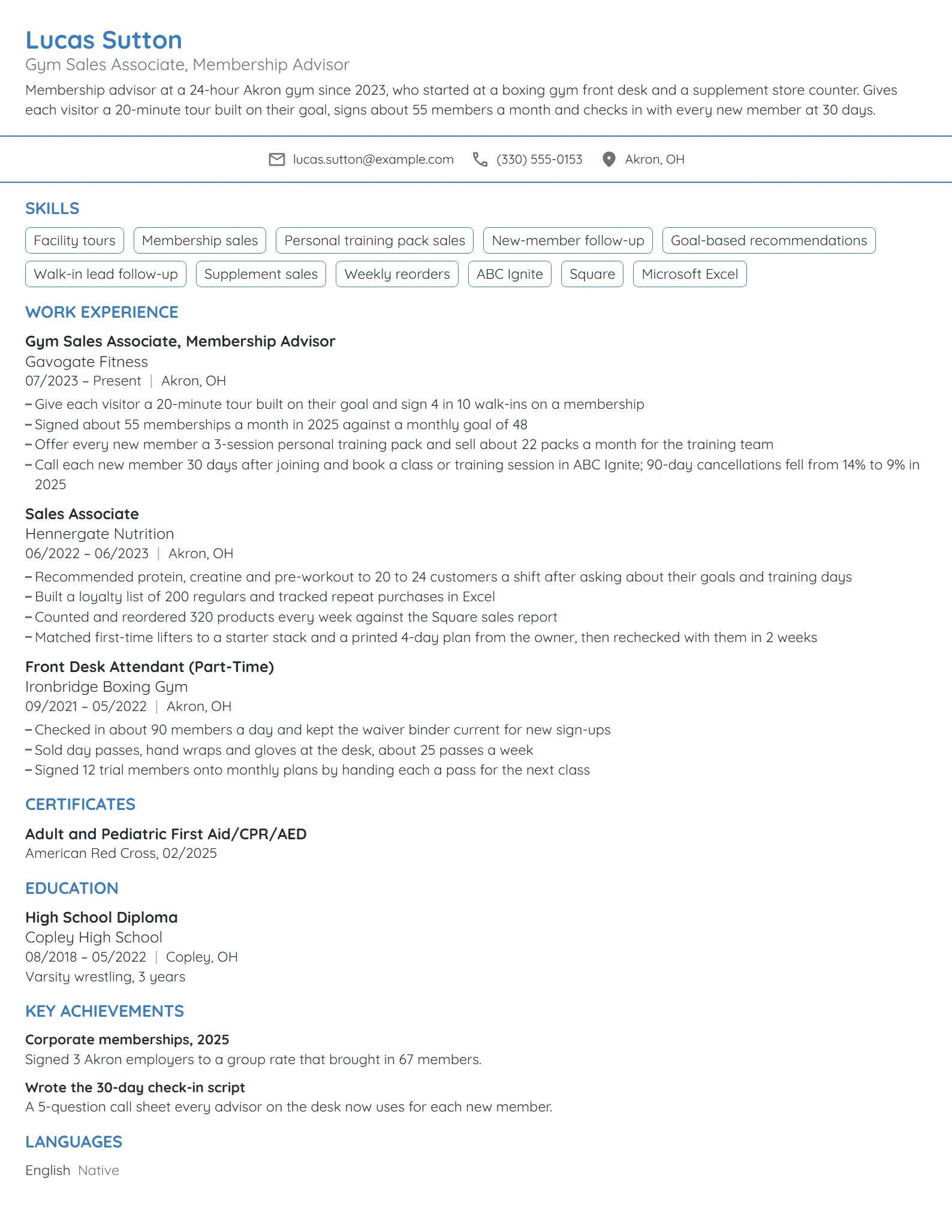 Gym Sales Associate resume example