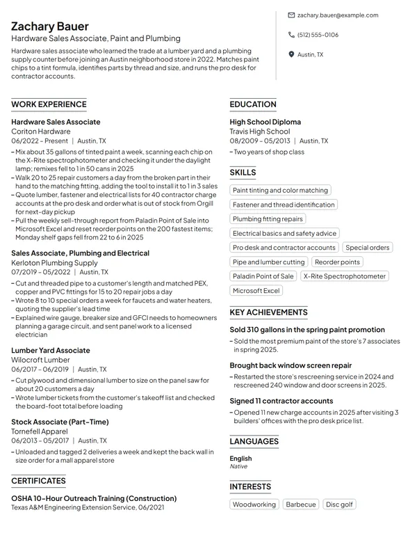 Hardware Sales Associate resume example