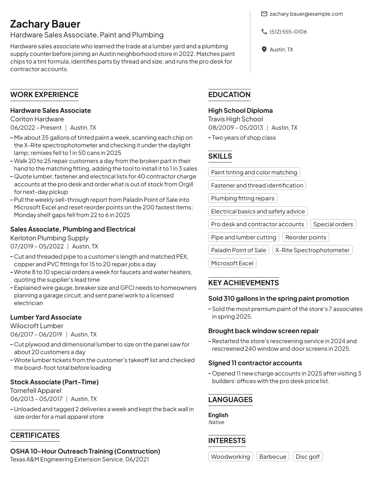 Hardware Sales Associate resume example