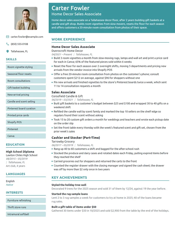 Home Decor Sales Associate resume example