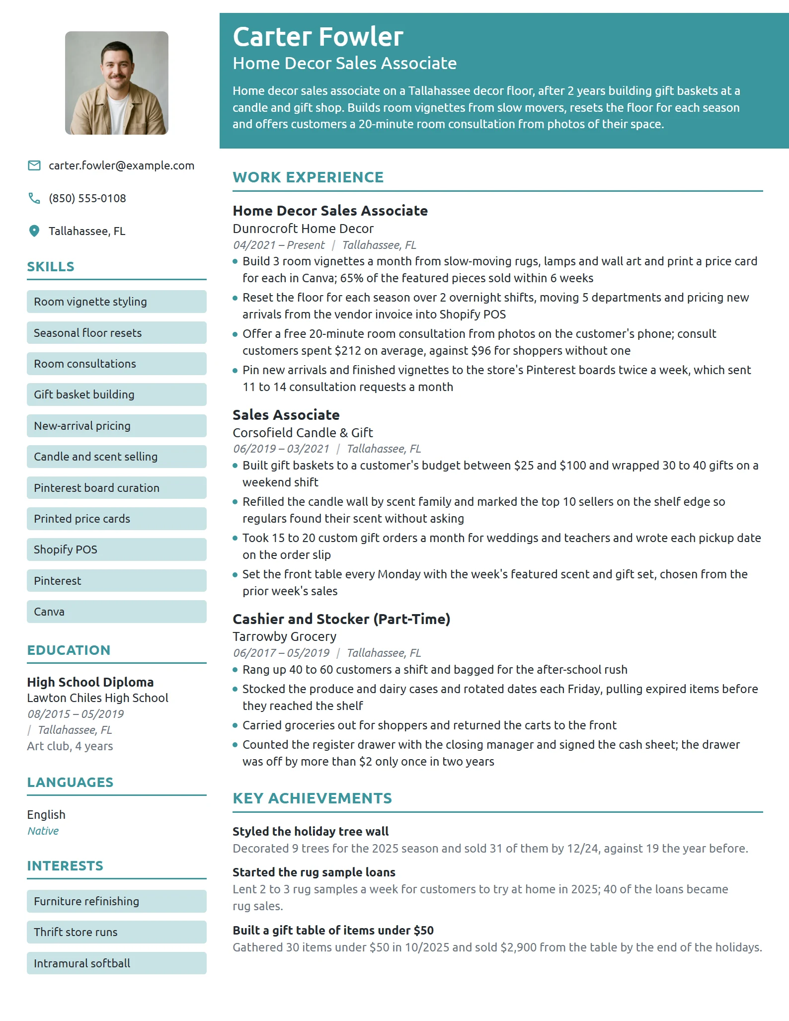 Home Decor Sales Associate resume example