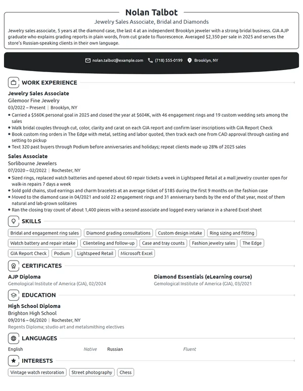 Jewelry Sales Associate resume example