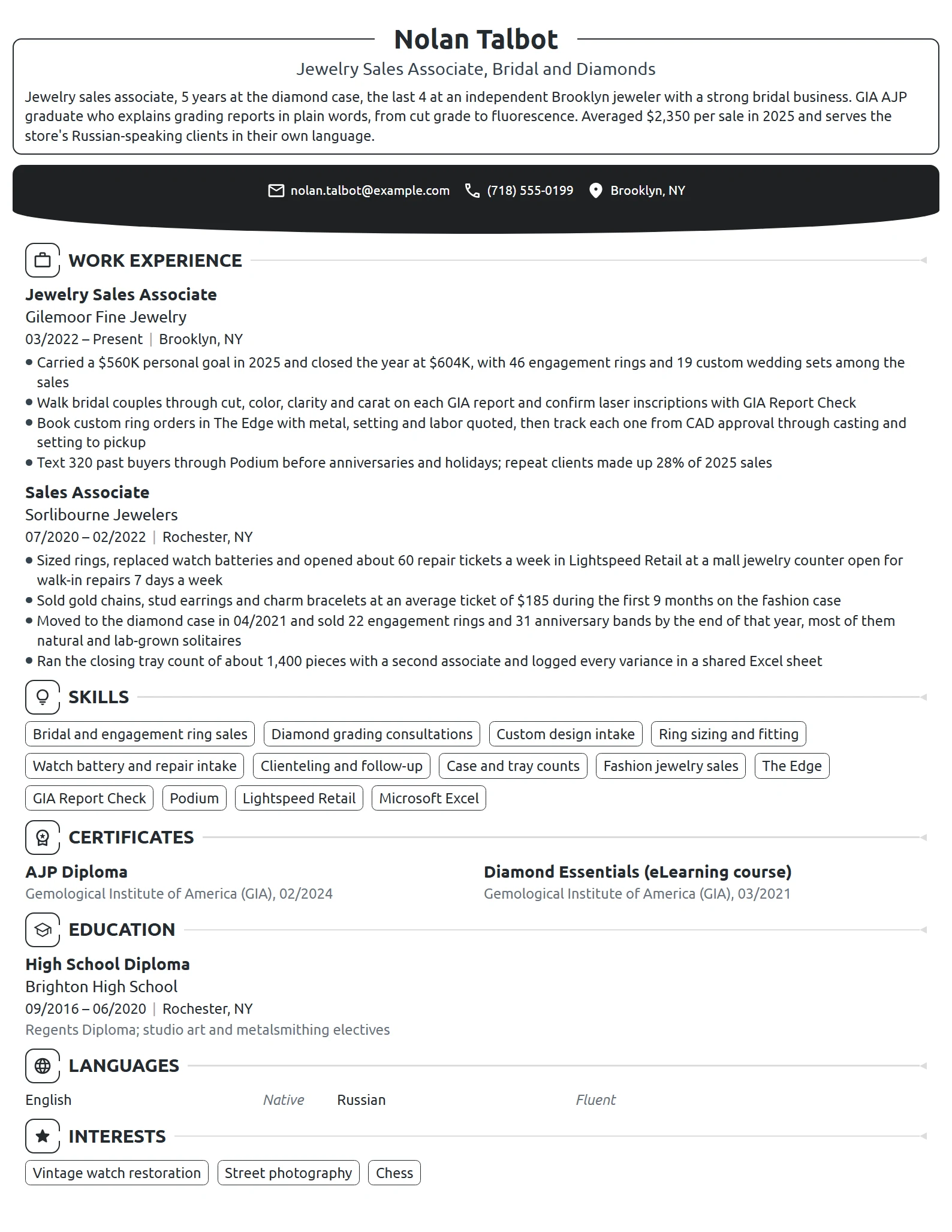 Jewelry Sales Associate resume example