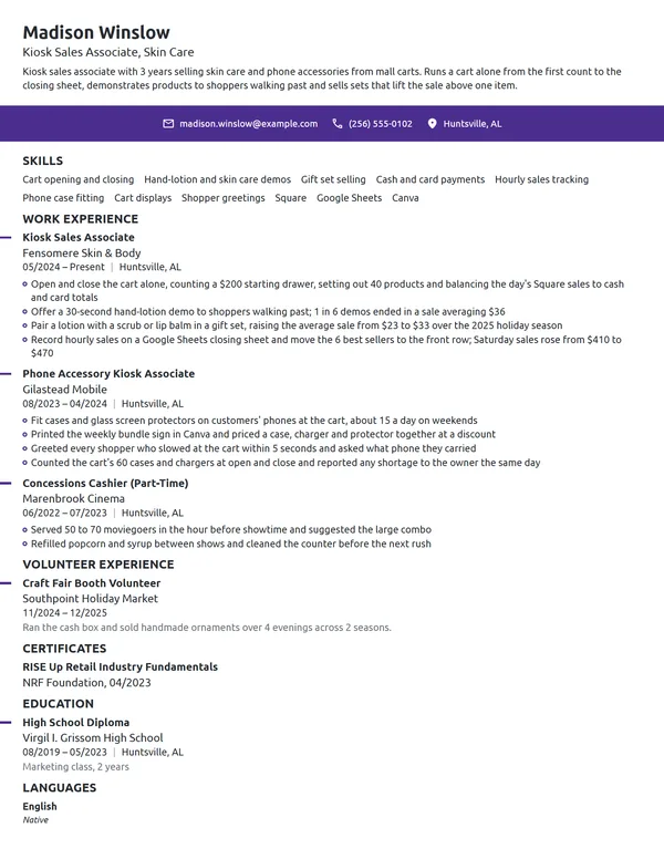 Kiosk Sales Associate resume example