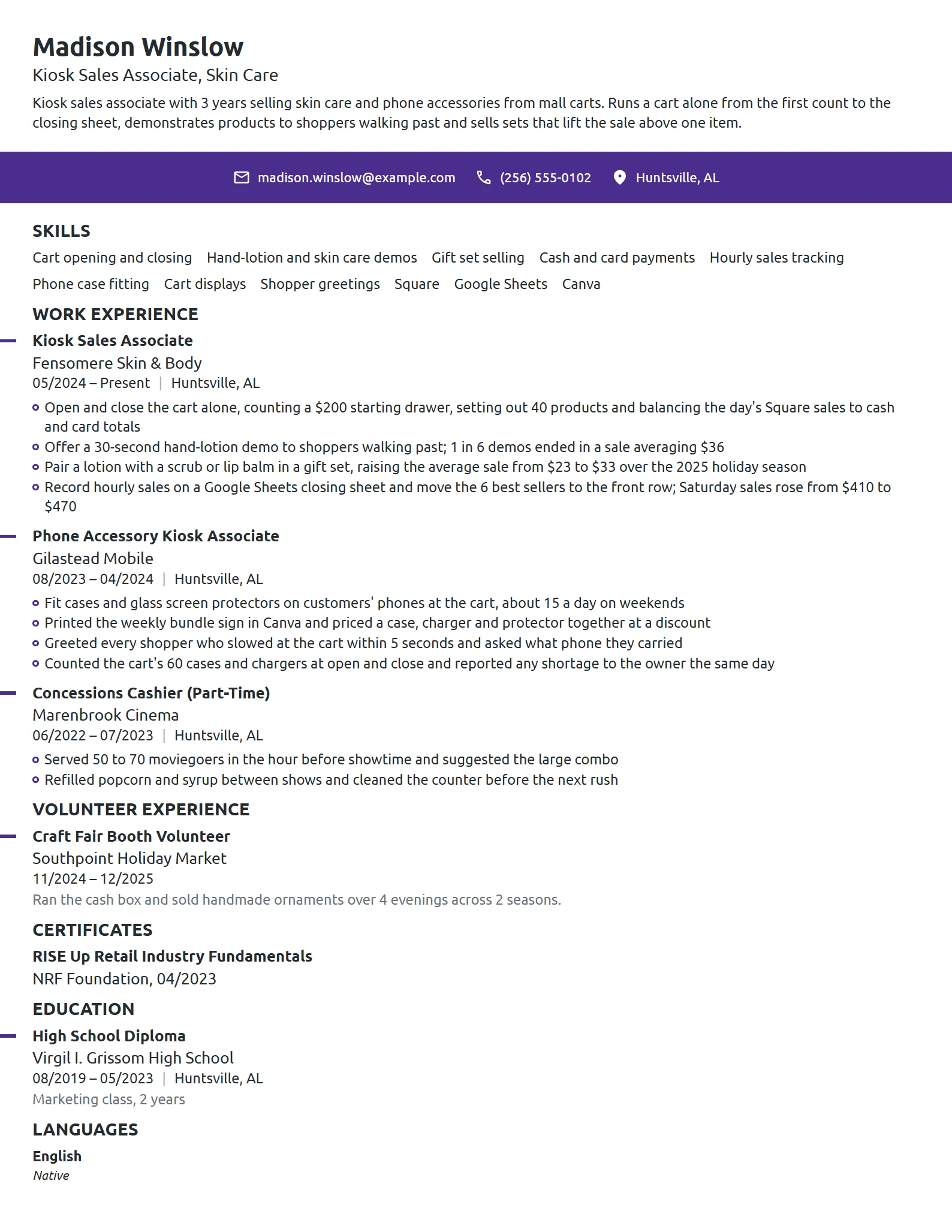 Kiosk Sales Associate resume example