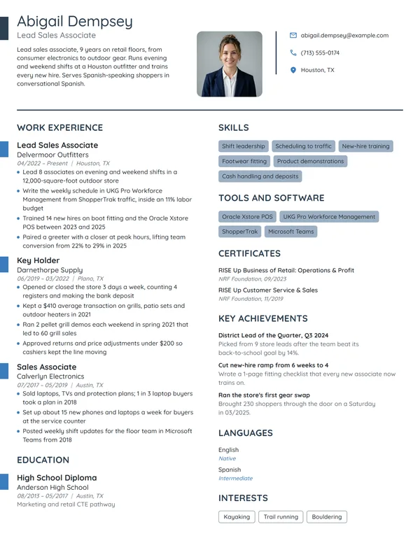 Lead Sales Associate resume example