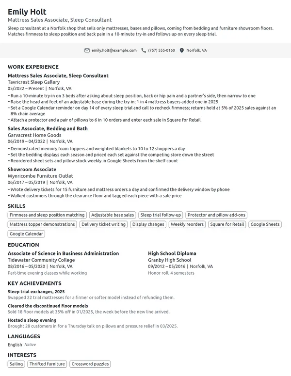 Mattress Sales Associate resume example