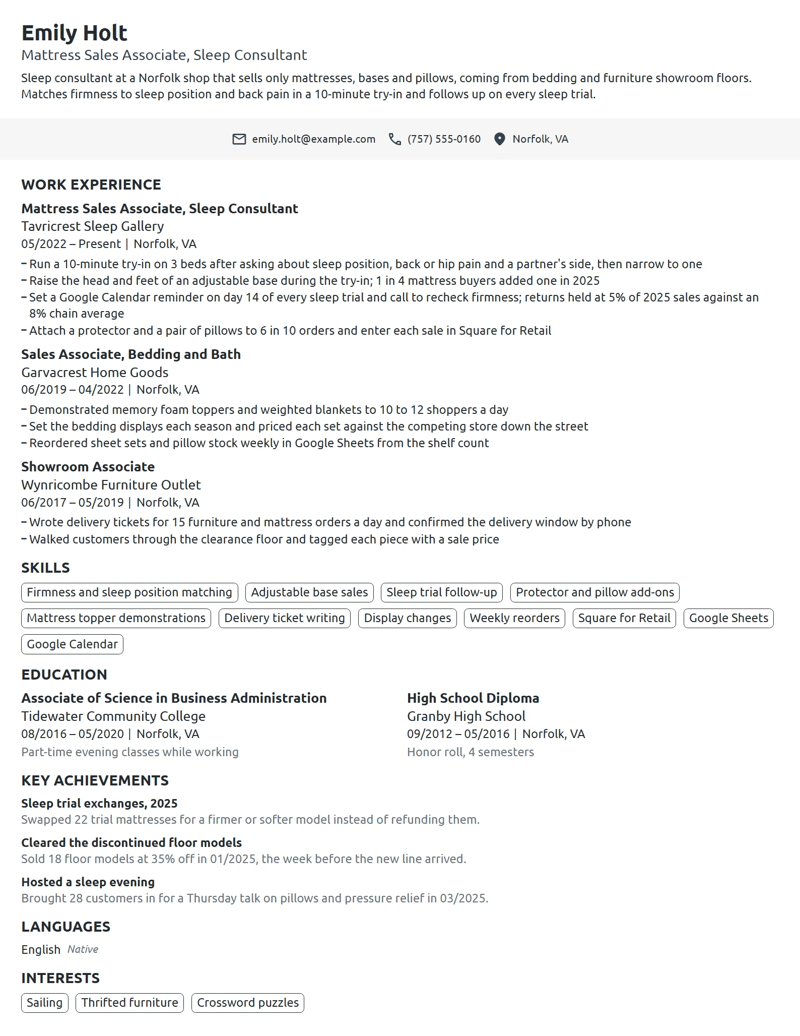 Mattress Sales Associate resume example