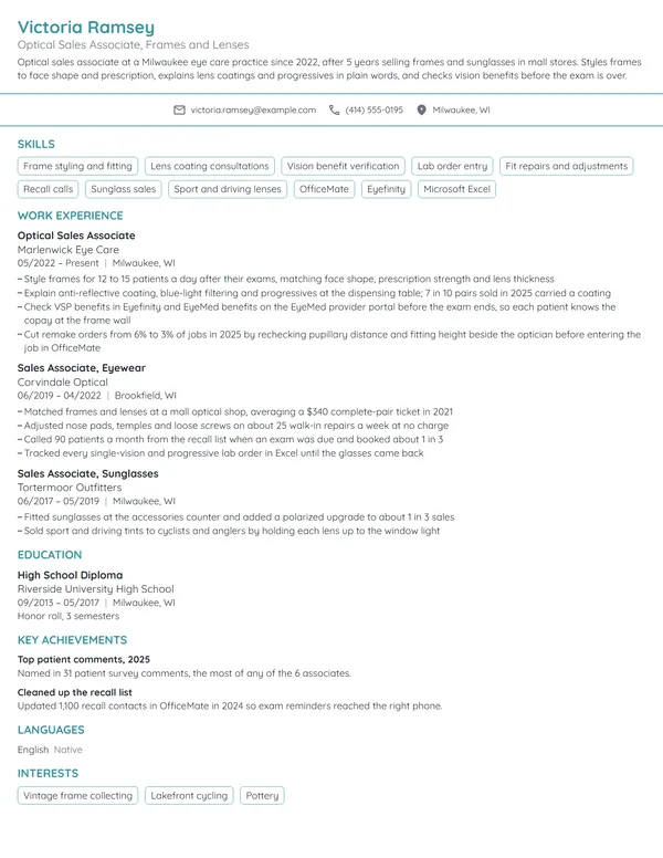 Optical Sales Associate resume example
