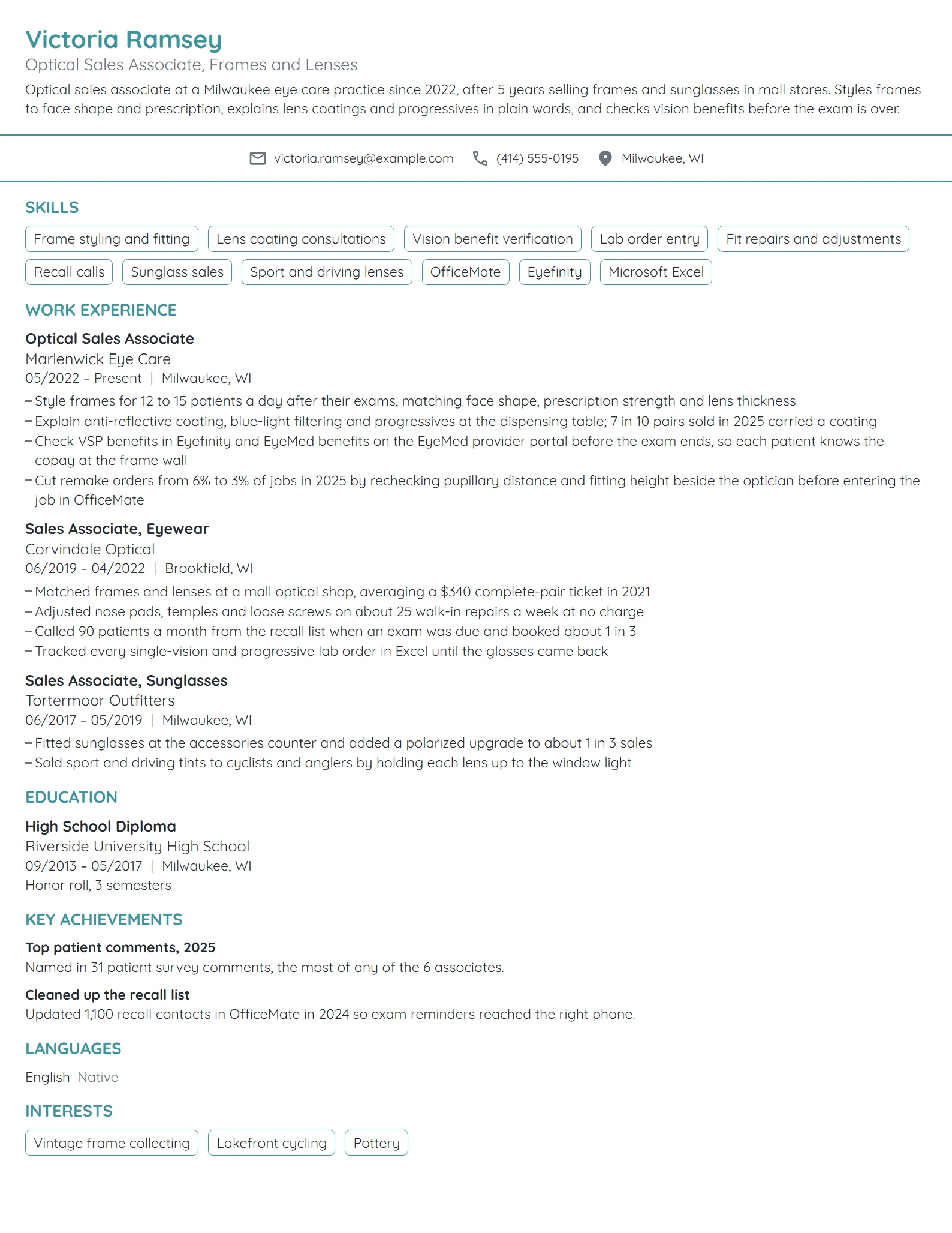 Optical Sales Associate resume example