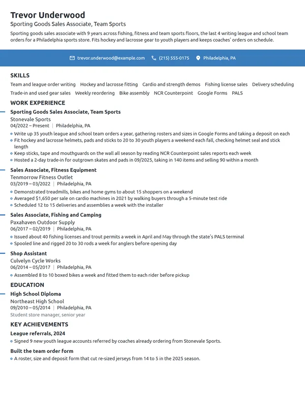 Sporting Goods Sales Associate resume example