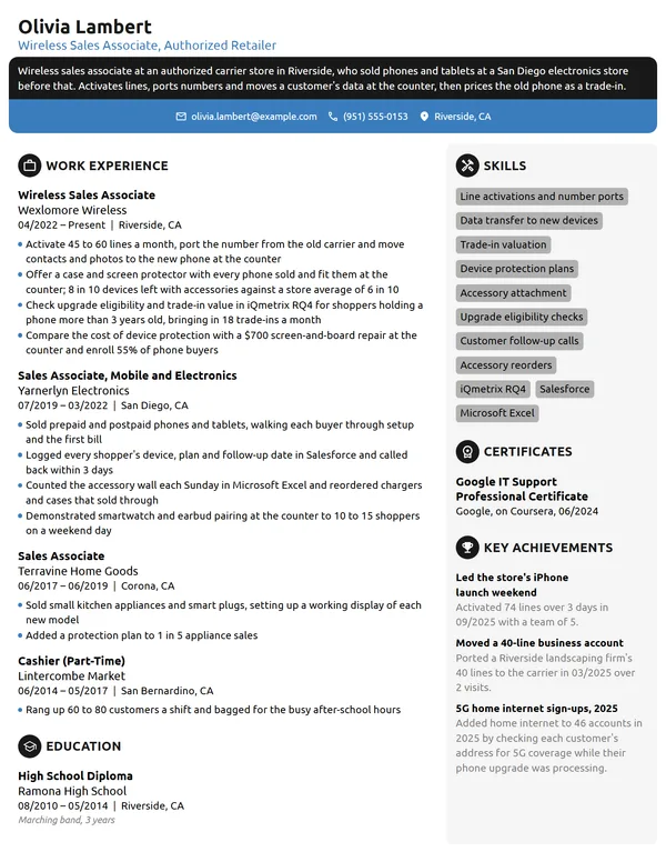 Wireless Sales Associate resume example