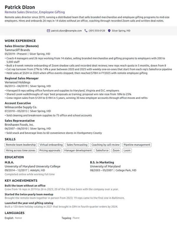 Remote Sales Director resume example