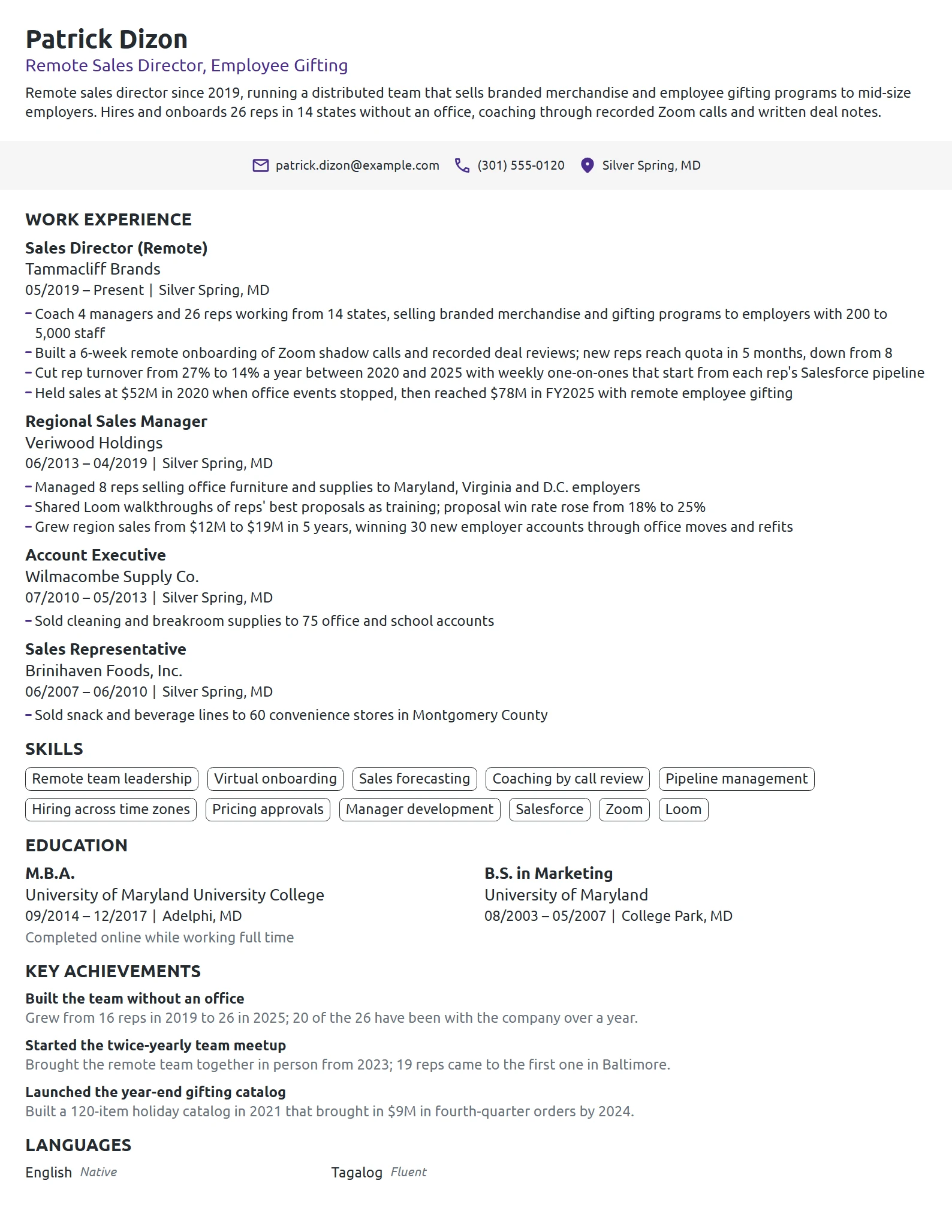 Remote Sales Director resume example