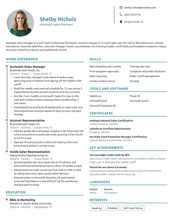 Assistant Sales Manager resume example