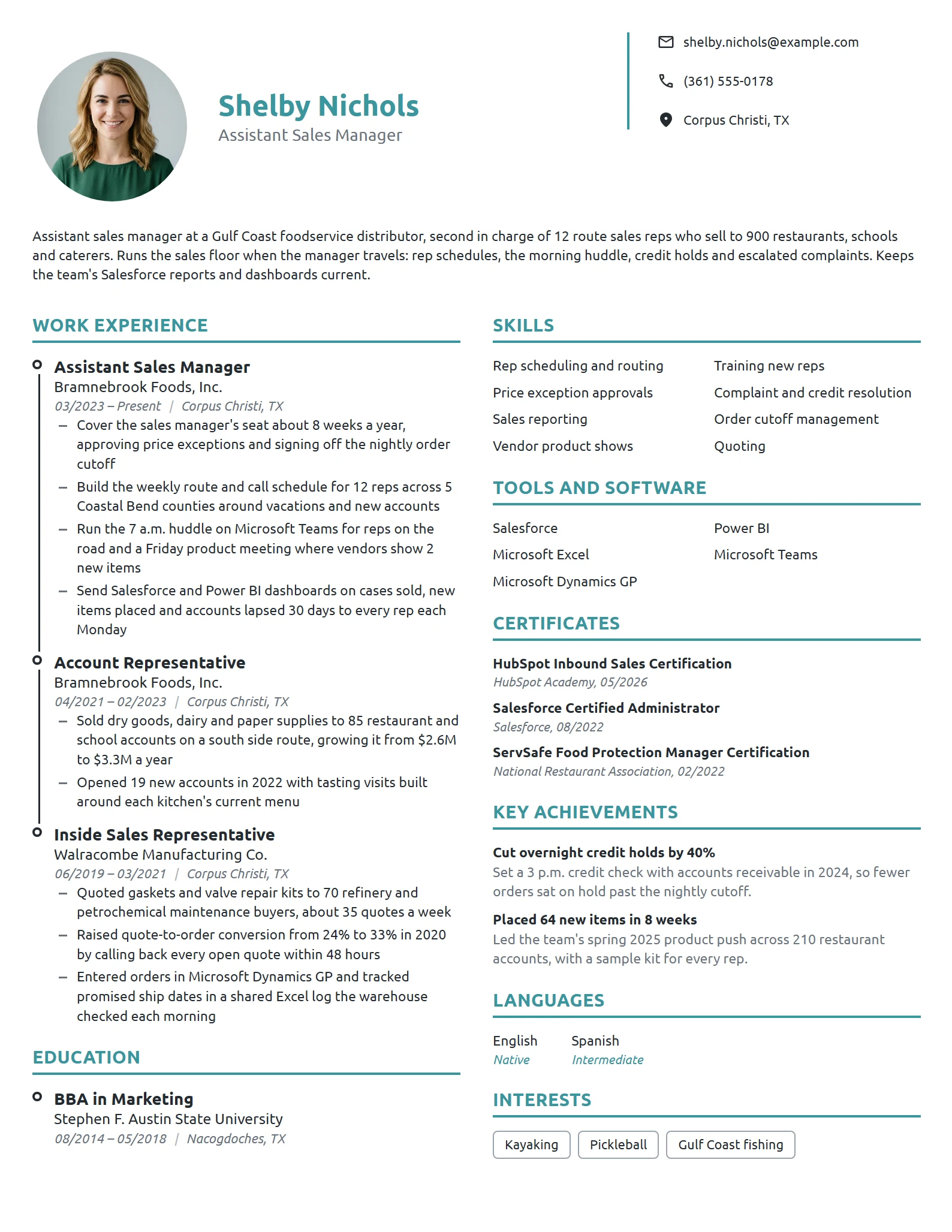 Assistant Sales Manager resume example