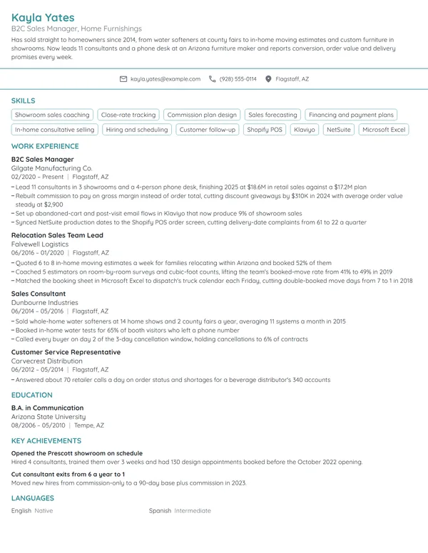 B2C Sales Manager resume example