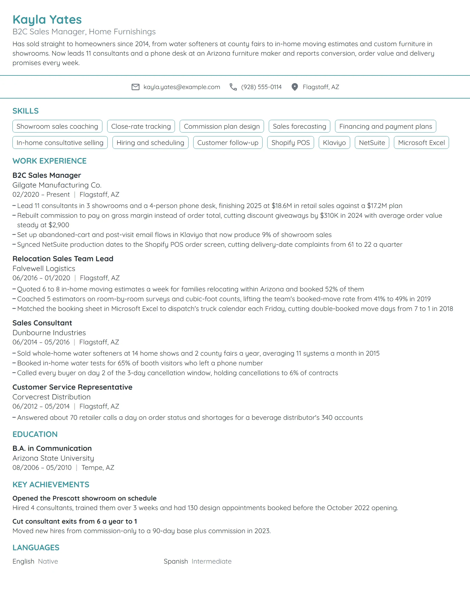 B2C Sales Manager resume example