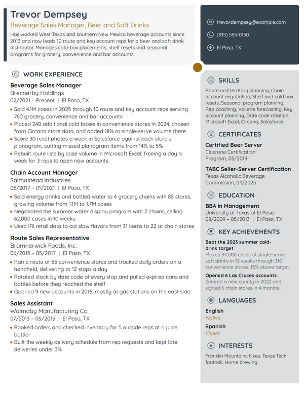 Beverage Sales Manager resume example
