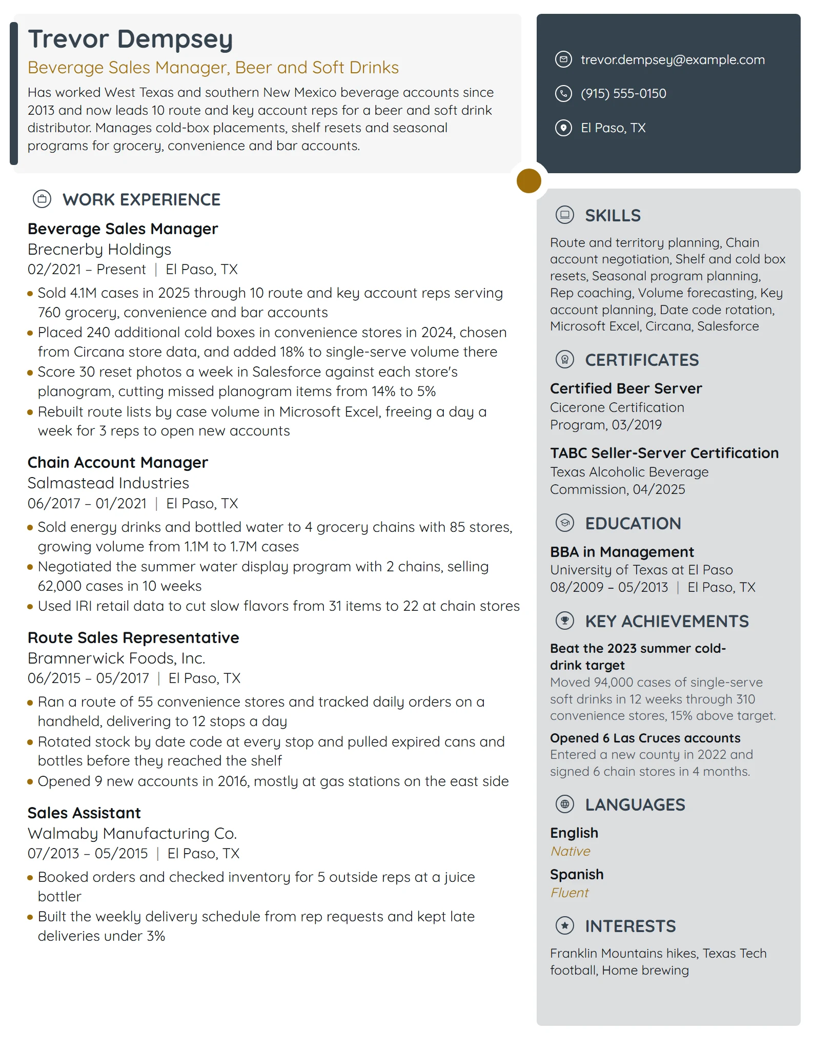 Beverage Sales Manager resume example