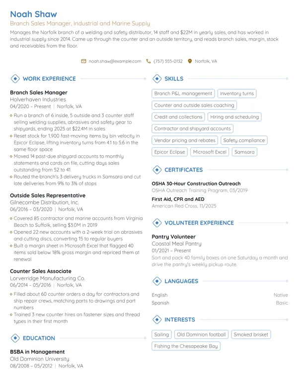 Branch Sales Manager resume example