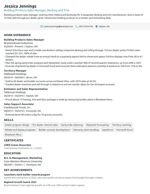 Building Products Sales Manager resume example